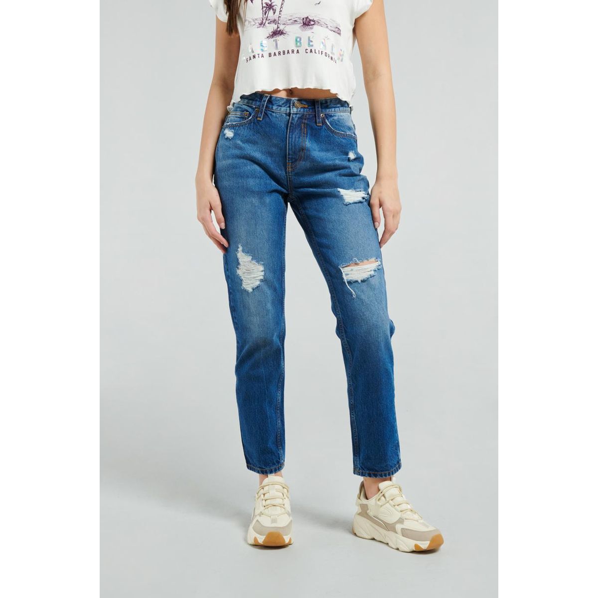 KOAJ - KOAJ Jean boy friend tiro alto azul oscuro sin rotos. Mujer