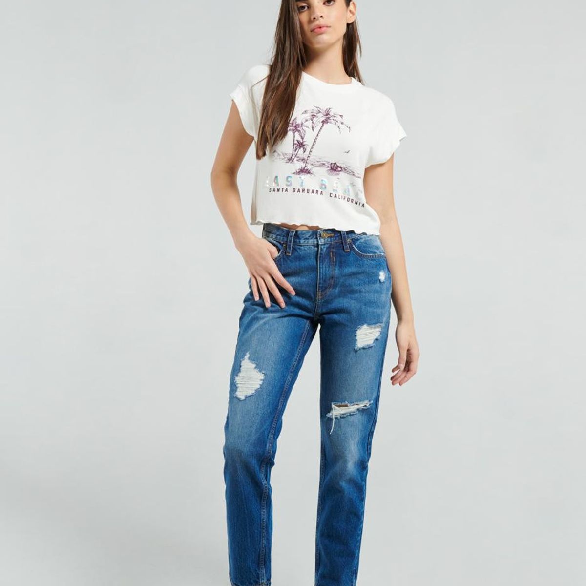 KOAJ - KOAJ Jean boy friend tiro alto azul oscuro sin rotos. Mujer