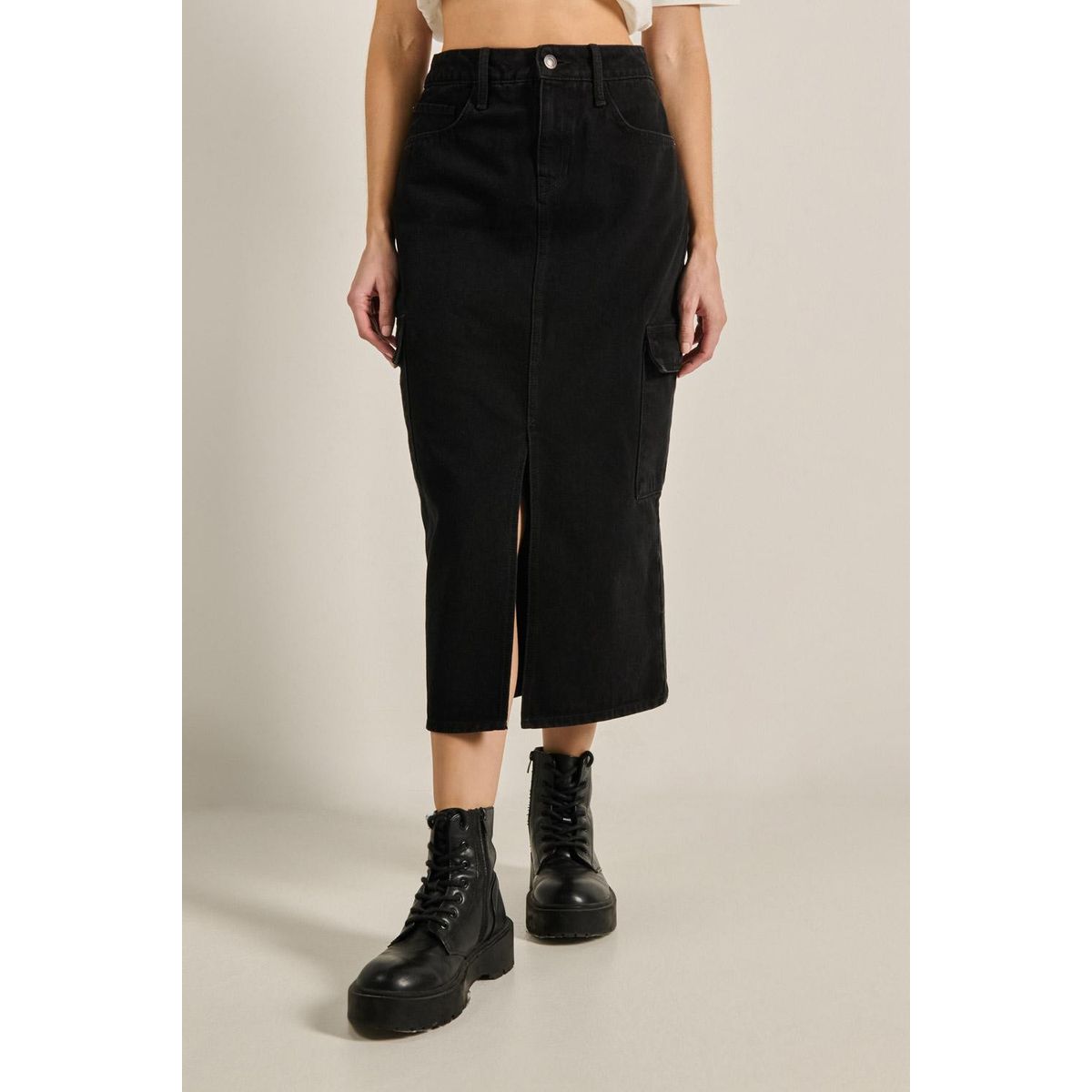 KOAJ - KOAJ Falda cargo en jean negra con bolsillos y abertura en f Mujer