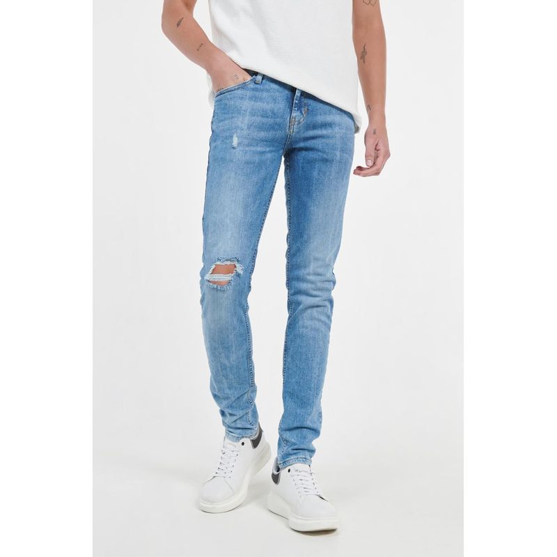 KOAJ - KOAJ Jean slim azul con tiro bajo, 5 bolsillos y rotos en fren HOMBRE