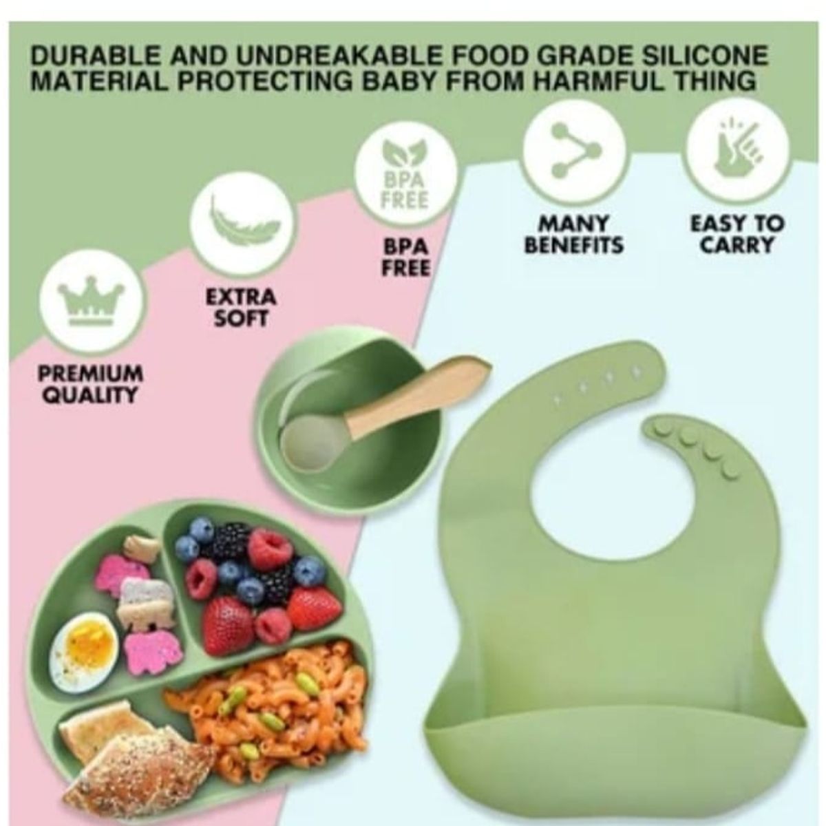 GENERICO - Vajillas para bebe en silicona  con cuchara y tenedor verde