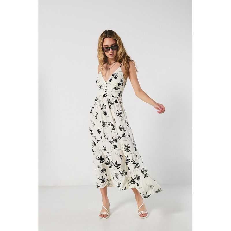 KOAJ - KOAJ Vestido largo crema con manga sisa y diseños estampados MUJER