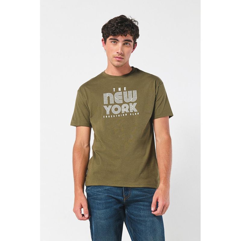 KOAJ - KOAJ Camiseta verde oscura manga corta con arte college HOMBRE