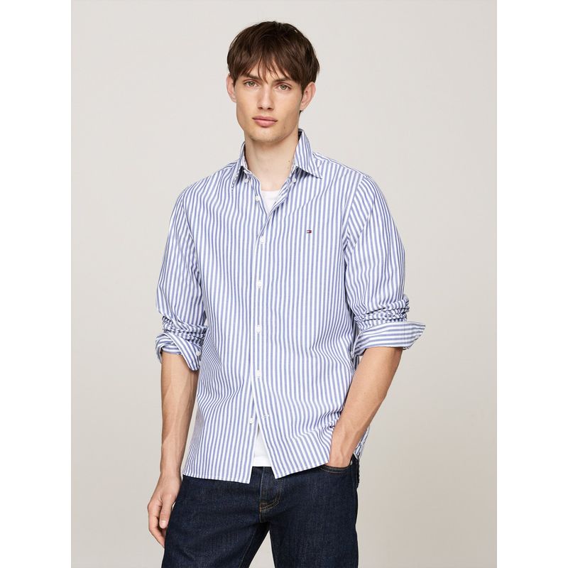 TOMMY HILFIGER - Camisa azul slim de popelín a rayas TH Flex Tommy Hilfiger