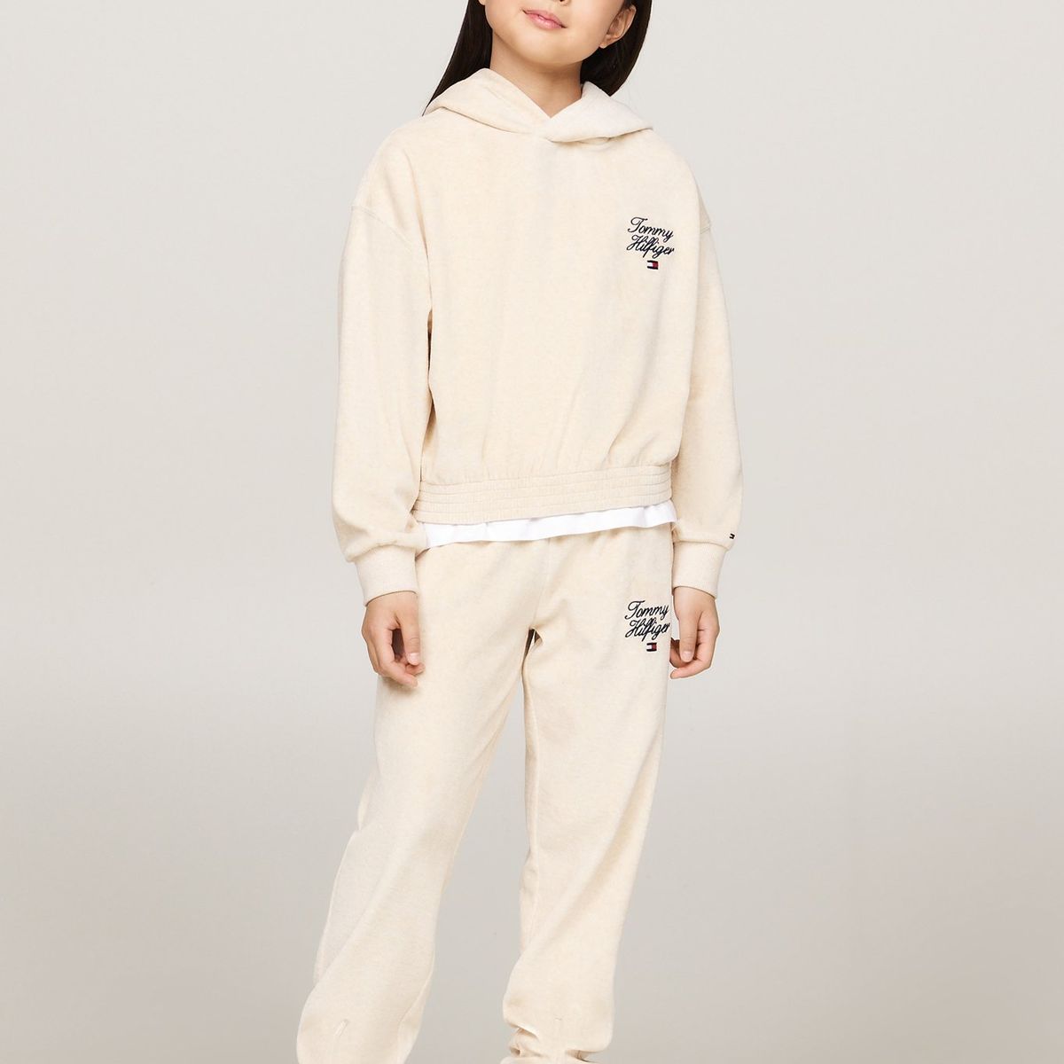 TOMMY HILFIGER - Pantalón Niña Gris Velour Con Logo Script Tommy Hilfiger