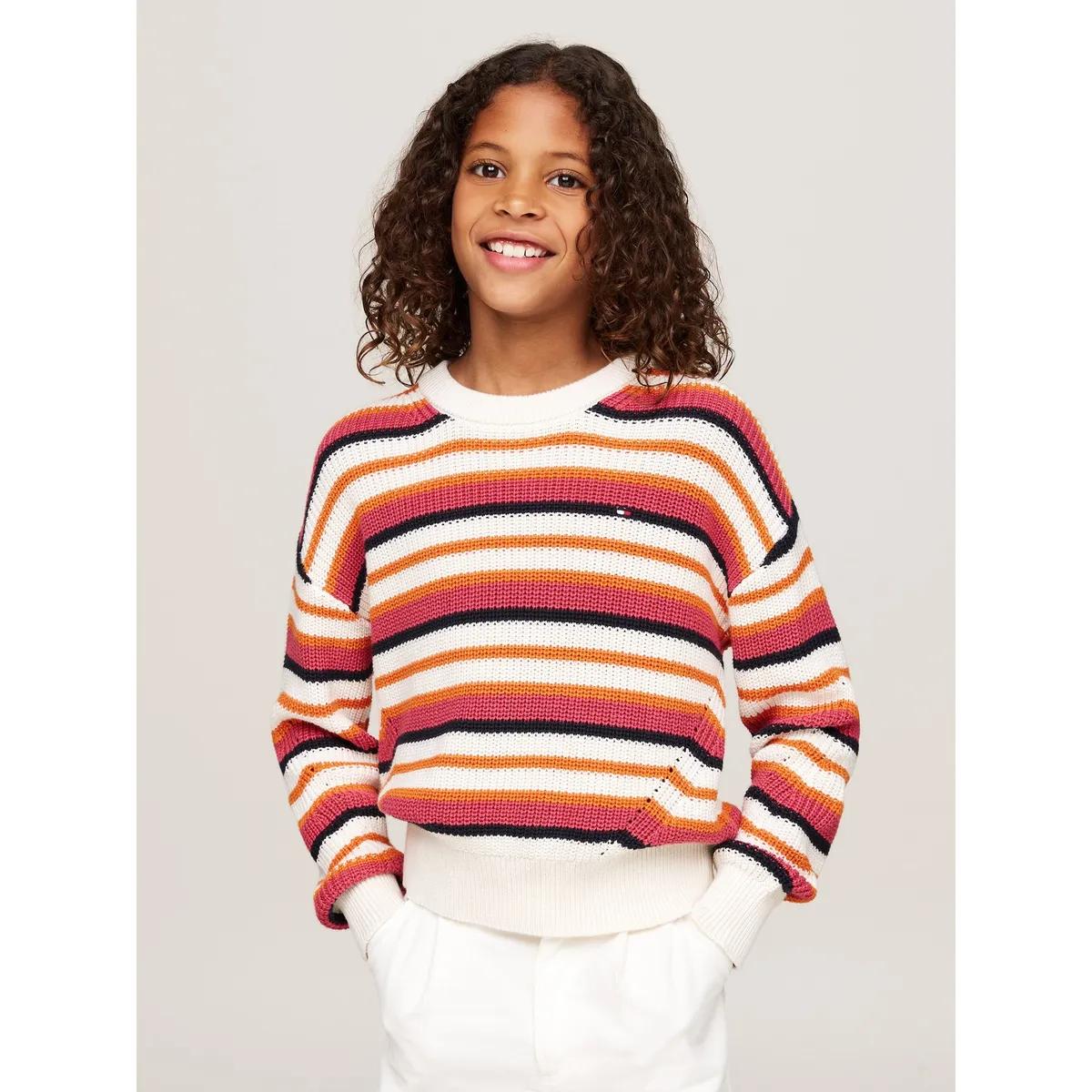 TOMMY HILFIGER - Saco tejido essential de rayas Rosadas Para Niña Tommy Hilfiger