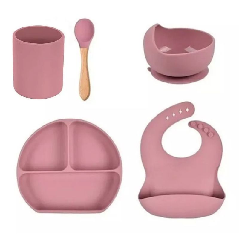 GENERICO - Set platos para bebe con Vaso y cuchara en silicona Rosado