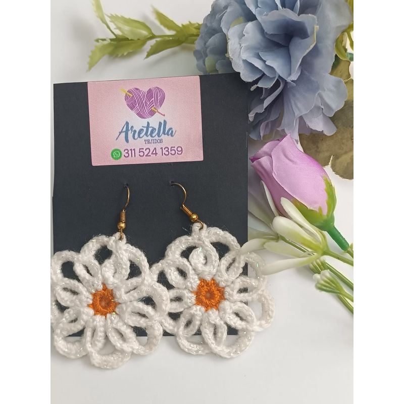 GENERICO - Aretes Tejidos en Crochet Blanco flor brillante