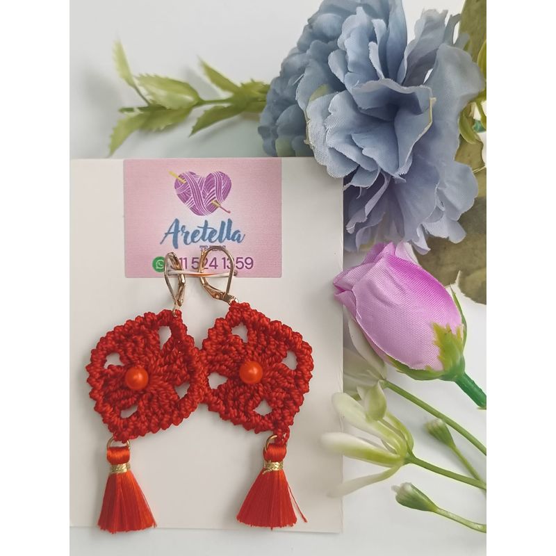 GENERICO - Aretes Tejidos en Crochet rojo rombo borlon