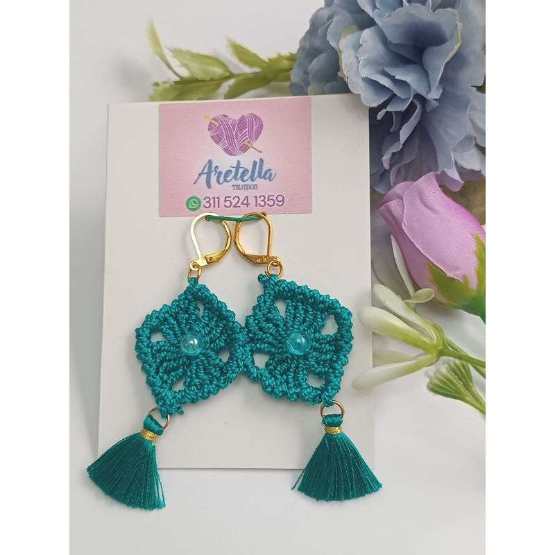 GENERICO - Aretes Tejidos en Crochet verdel rombo borlon