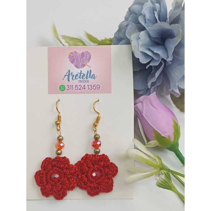 GENERICO - Aretes Tejidos en Crochet rojo flor piedras