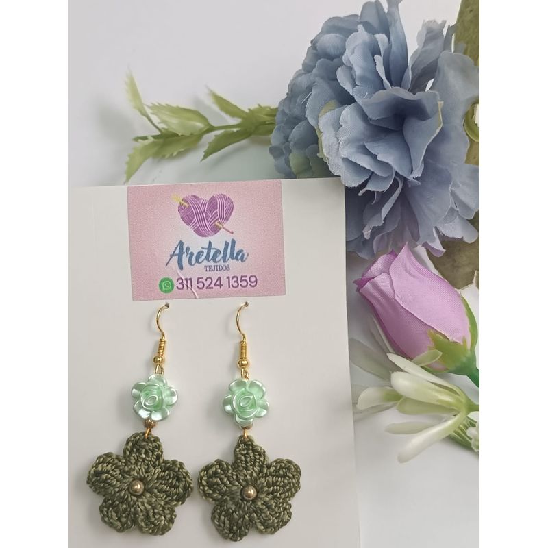 GENERICO - Aretes Tejidos en Crochet verde flor rosa