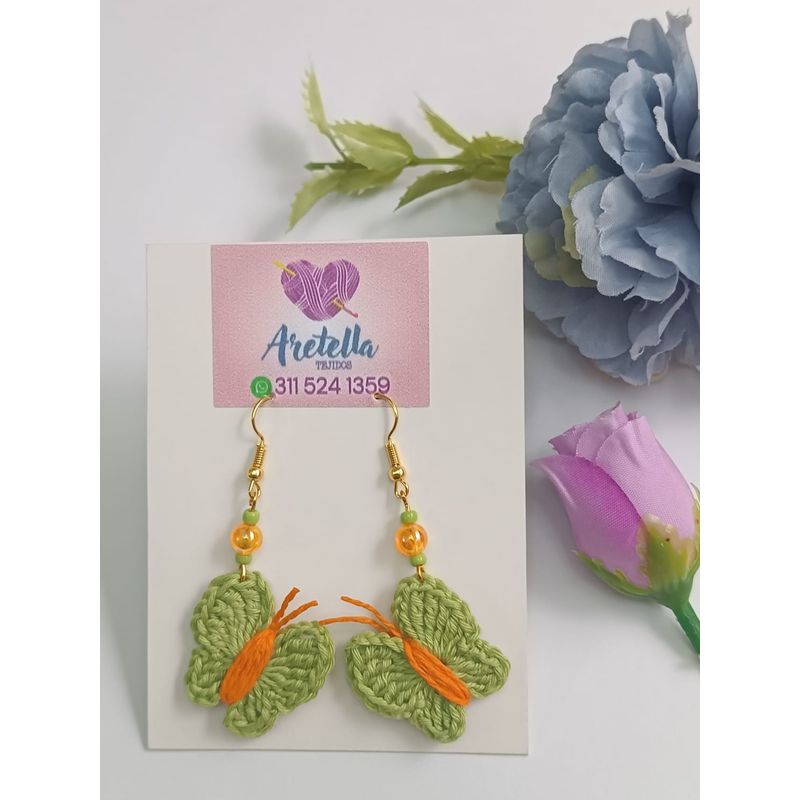 GENERICO - Aretes Tejidos en Crochet mariposa verde naranja