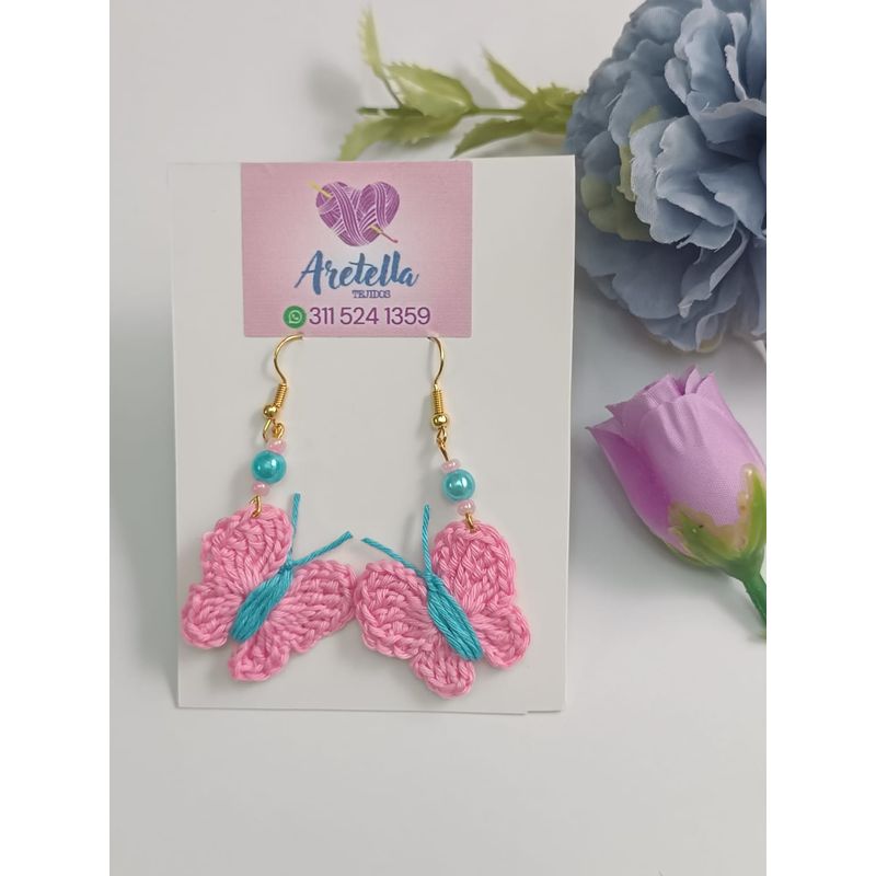 GENERICO - Aretes Tejidos en Crochet mariposa rosado azul