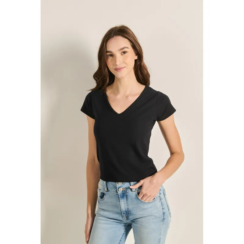 KOAJ - KOAJ Camiseta cuello V negra para mujer, elaborada en una suav MUJER