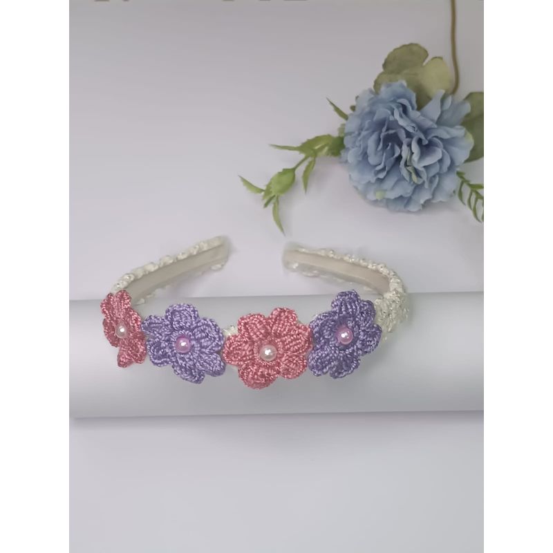 GENERICO - Diademas Niña en Crochet Hueso Flores Lila Rosada