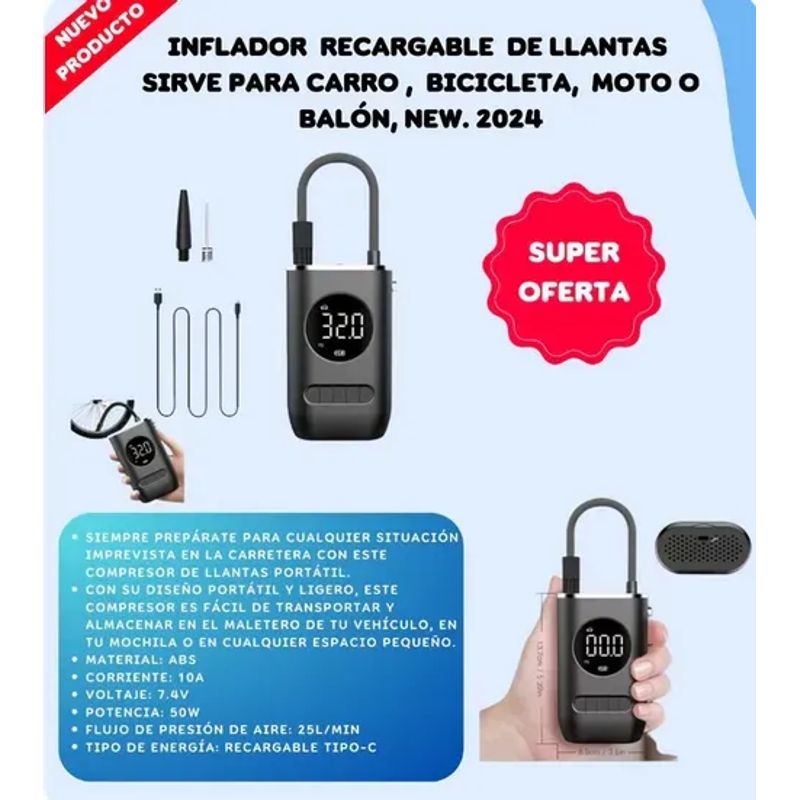 GENERICO - Inflador Eléctrico De Llantas Compresor Portátil Recargable