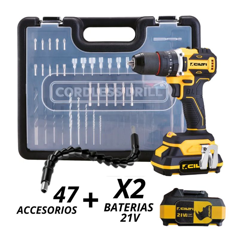 TRUPER - Taladro Percutor Inalámbrico 21V + 2 Baterias + 48 Accesorios