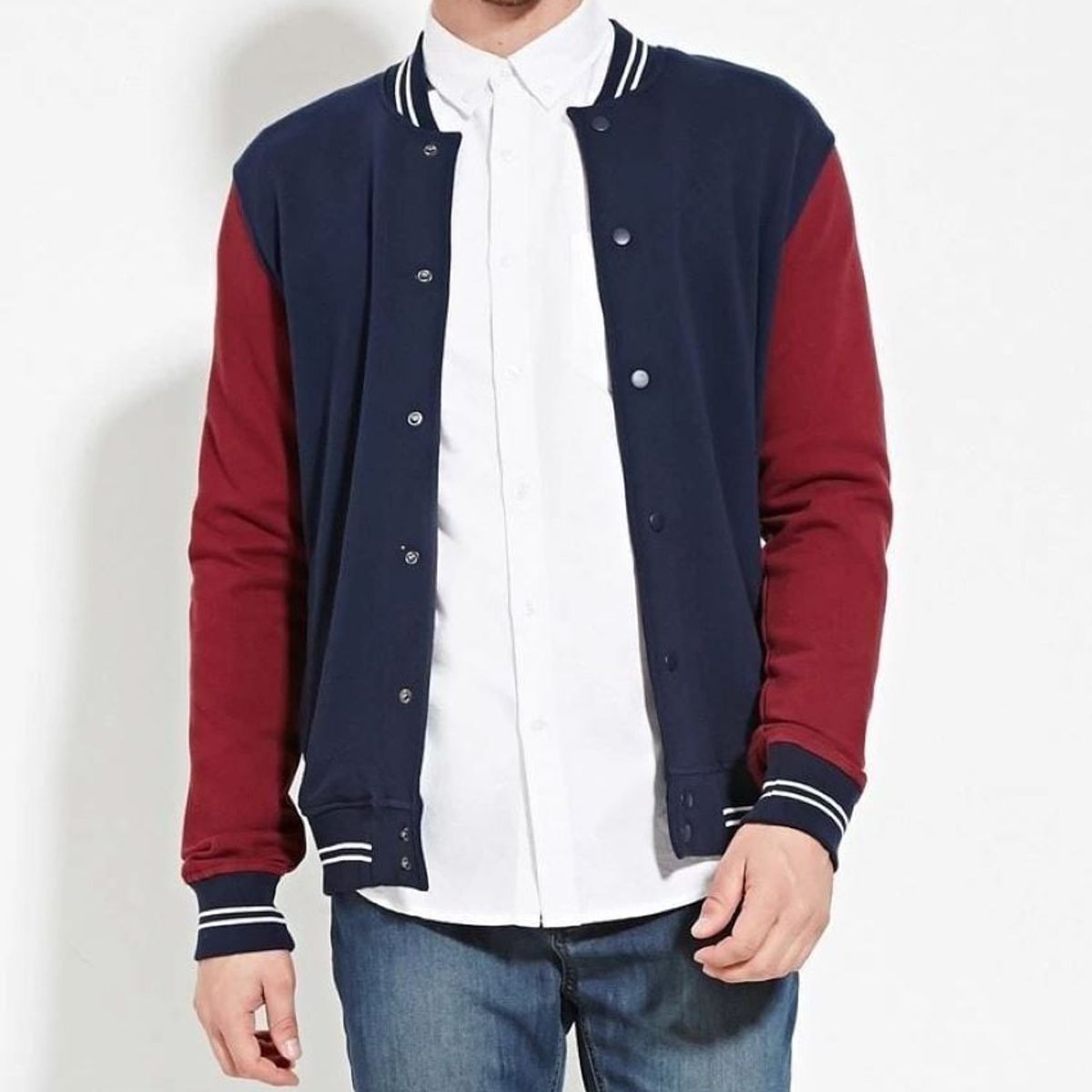 URBAN PLUS - chaqueta hombre beisbolera azul con mangas vinotinto
