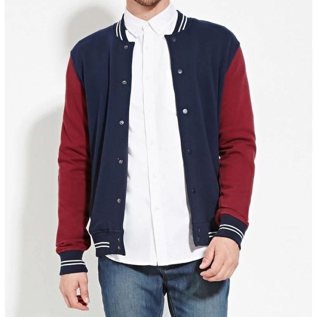 URBAN PLUS - chaqueta hombre beisbolera azul con mangas vinotinto