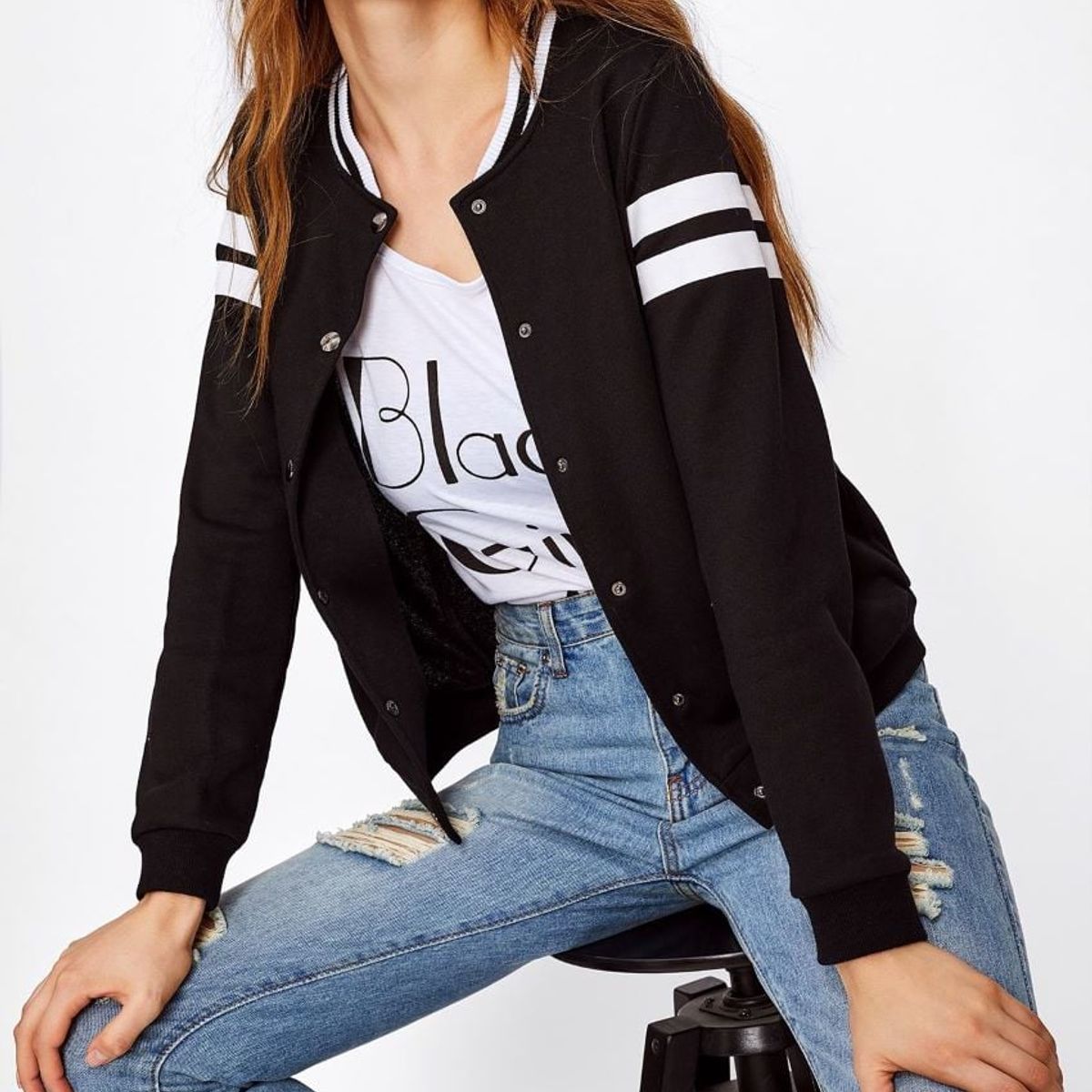 URBAN PLUS - chaqueta mujer beisbolera negra rayas en las mangas