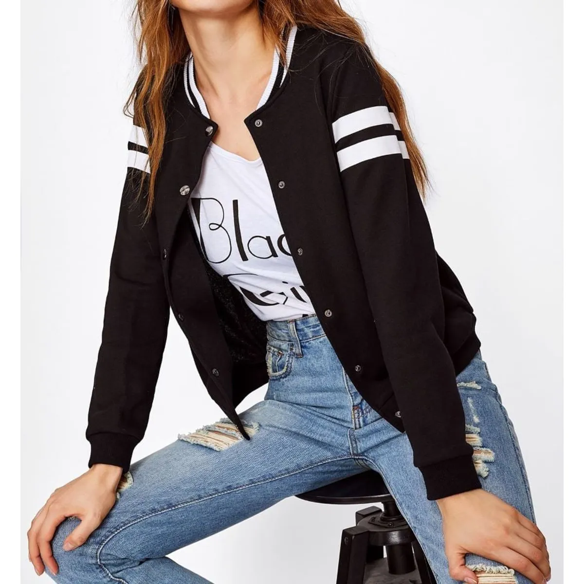 URBAN PLUS - chaqueta mujer beisbolera negra rayas en las mangas