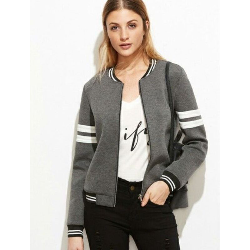URBAN PLUS - chaqueta mujer beisbolera gris rayas en las mangas