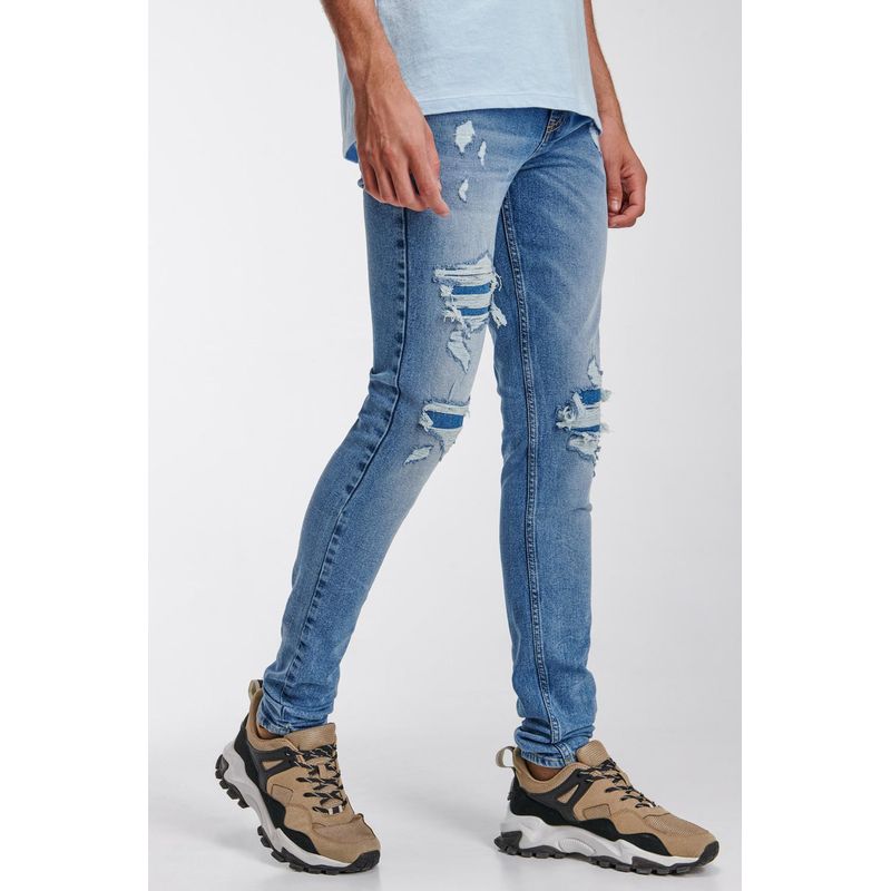 KOAJ - KOAJ Jean skinny azul claro tiro bajo con rotos y parches HOMBRE