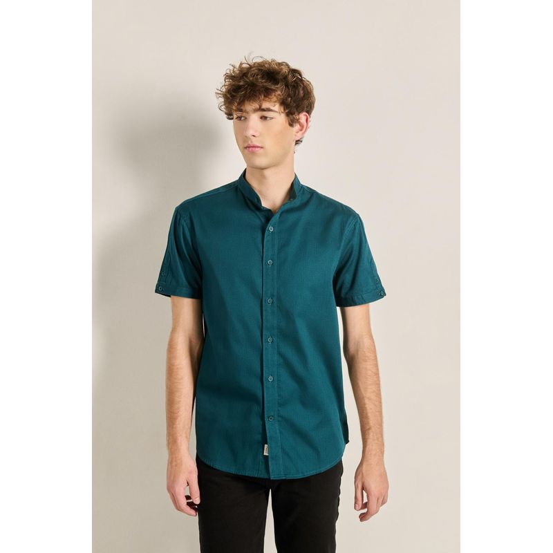 KOAJ - KOAJ Camisa manga corta unicolor con botones y cuello nerú Hombre