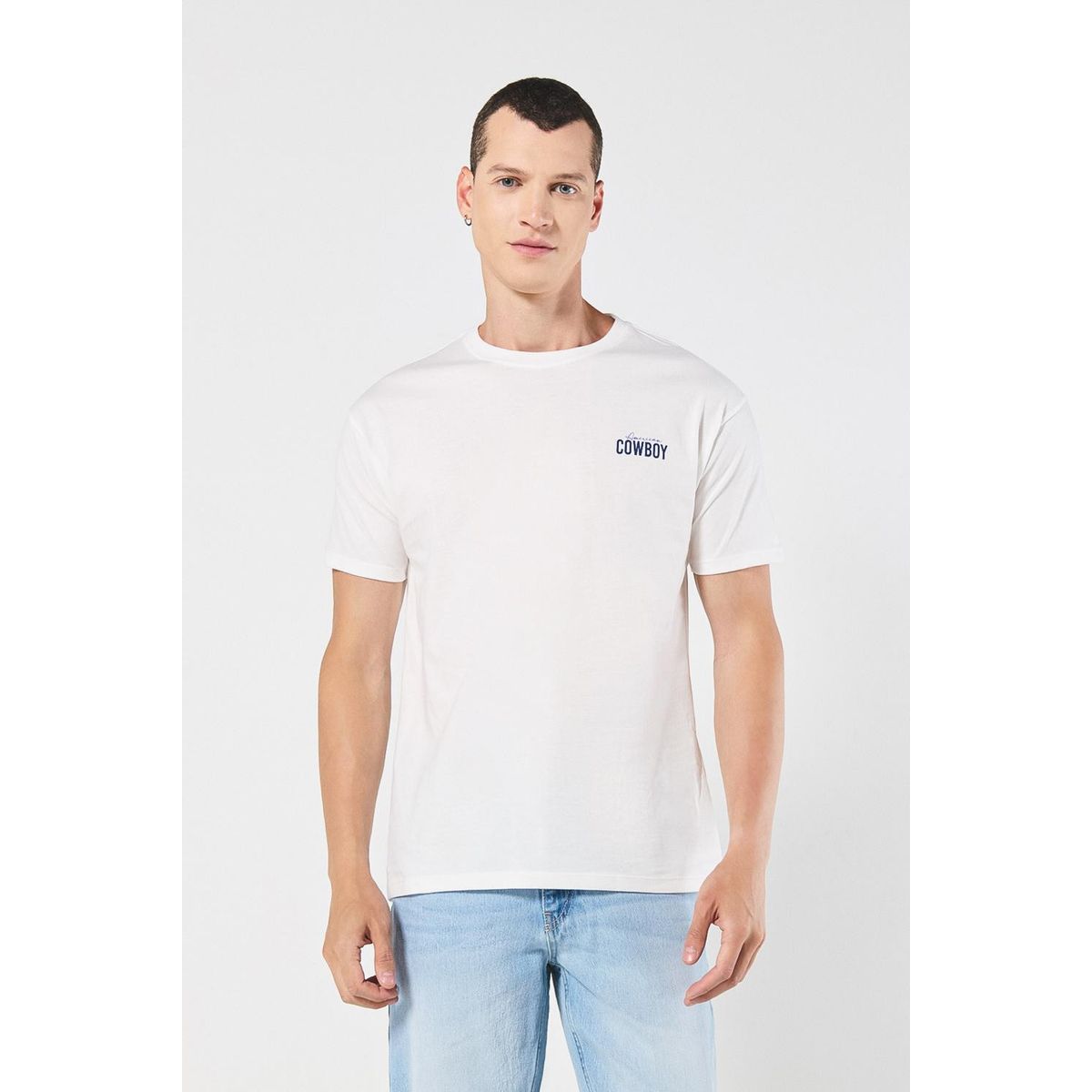 KOAJ - KOAJ Camiseta manga corta crema clara con diseños vaqueros Hombre