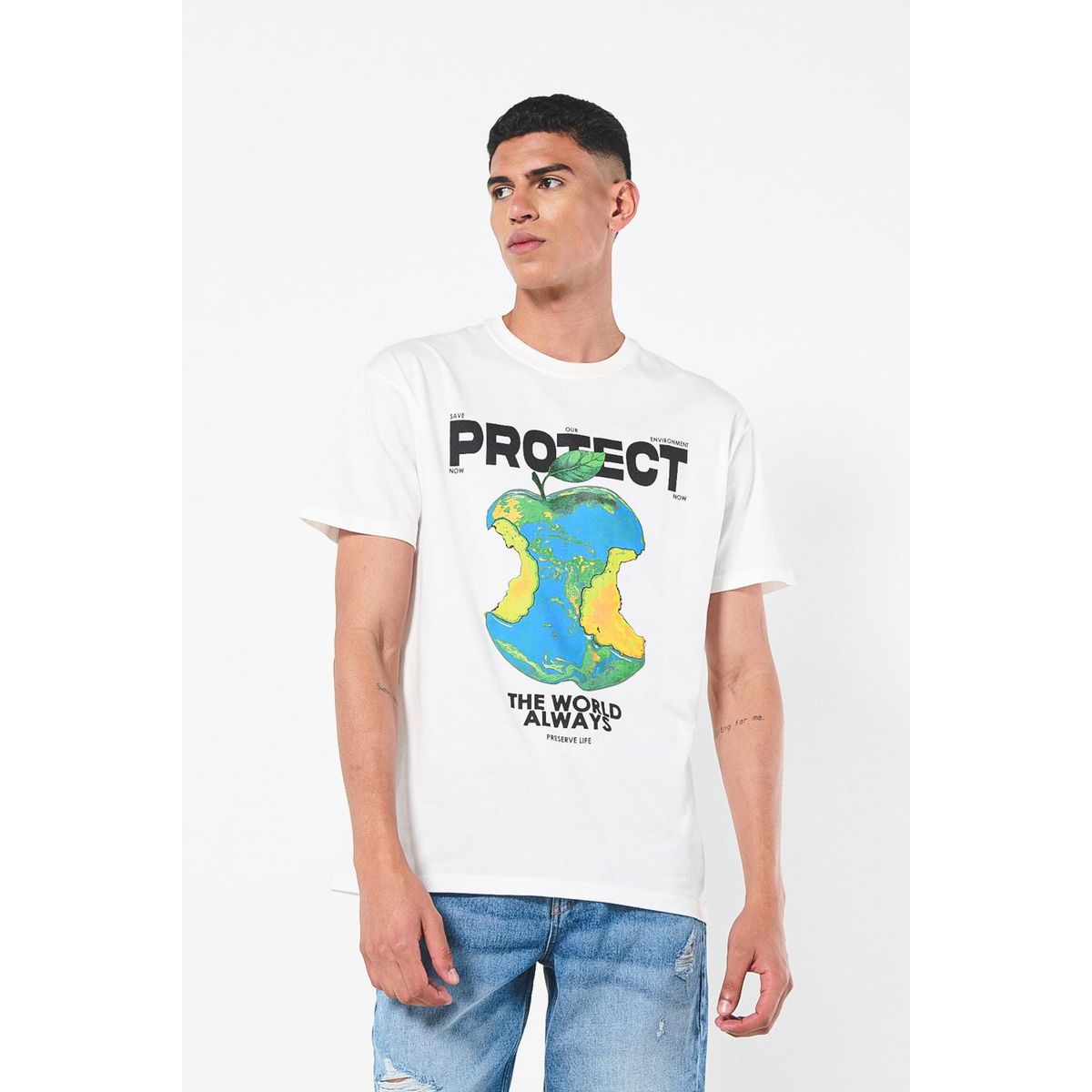 KOAJ - KOAJ Camiseta unicolor con diseño de medio ambiente y manga Hombre