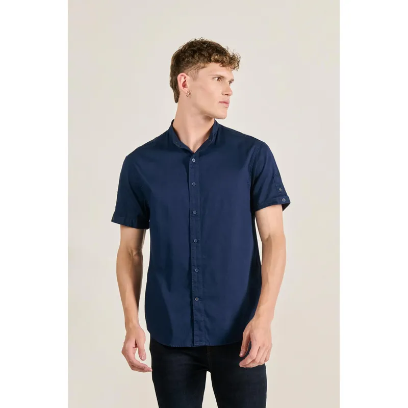 KOAJ - KOAJ Camisa manga corta unicolor con botones y cuello nerú Hombre
