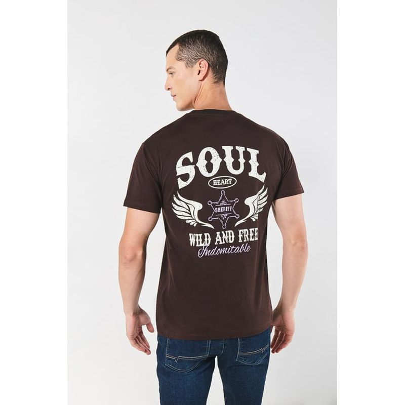 KOAJ - KOAJ Camiseta café oscura con diseños vaqueros y cuello redond HOMBRE
