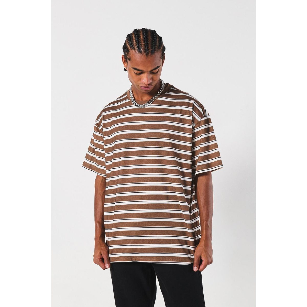 KOAJ - KOAJ Camiseta unicolor a rayas oversize con cuello redondo