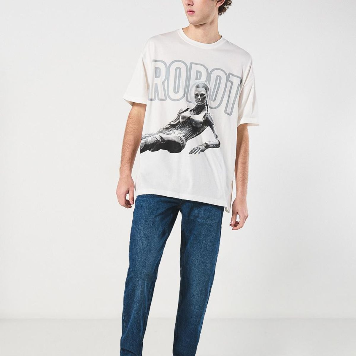 KOAJ - KOAJ Camiseta oversize crema manga corta con estampado futu Hombre