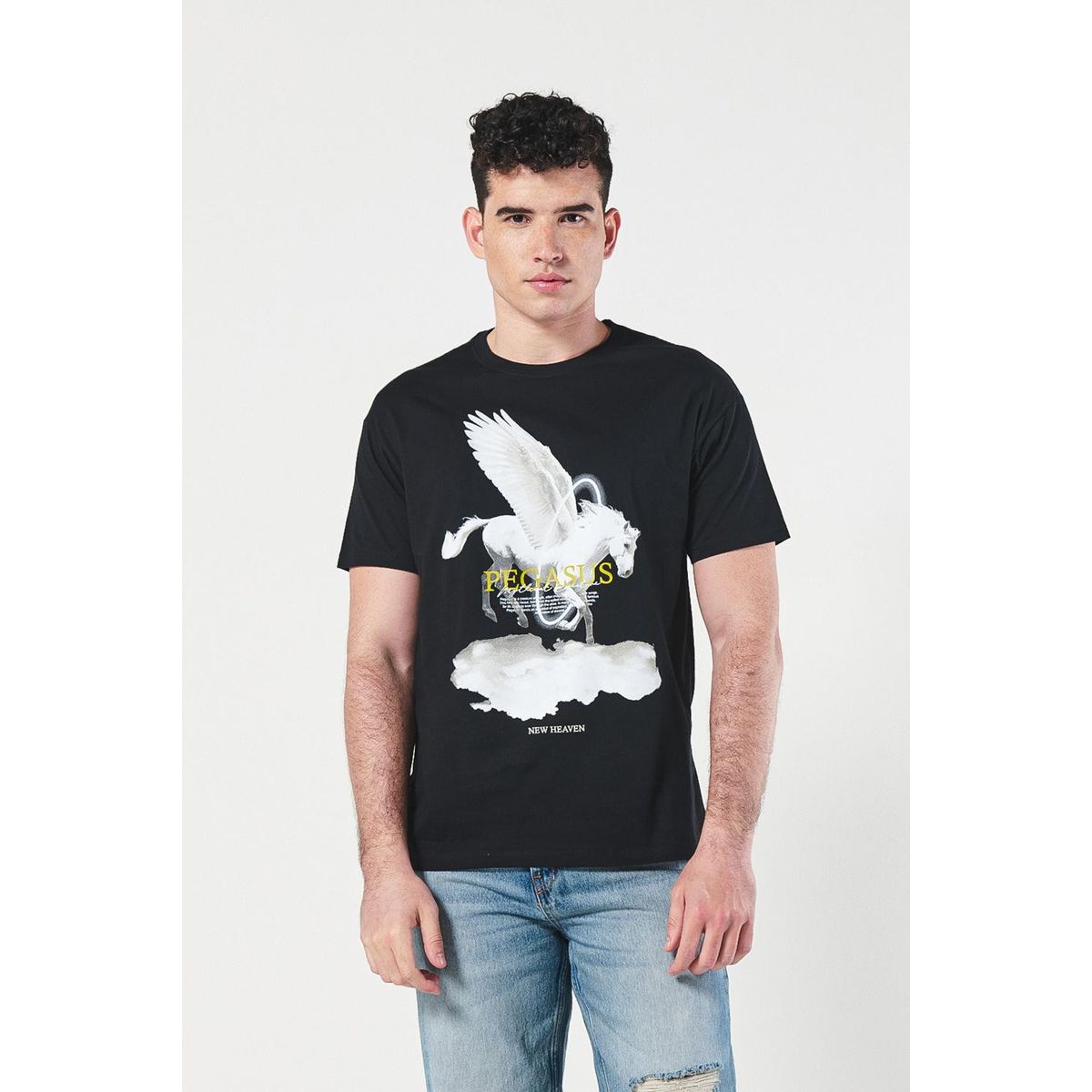 KOAJ - KOAJ Camiseta negra cuello redondo con diseño mitológico Hombre