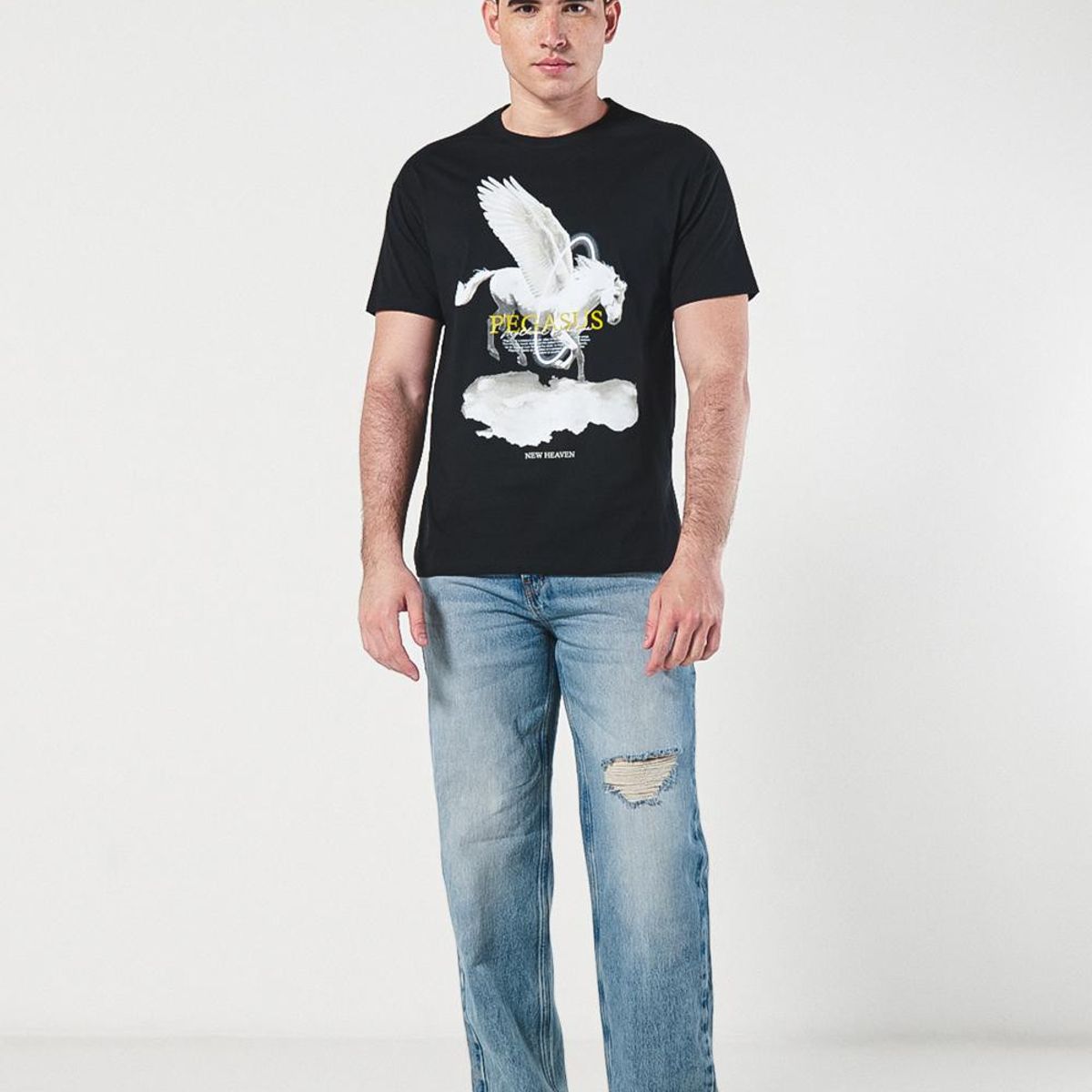 KOAJ - KOAJ Camiseta negra cuello redondo con diseño mitológico Hombre