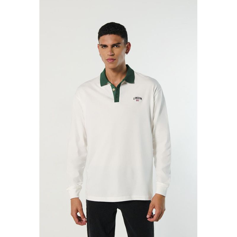 KOAJ - KOAJ Camiseta polo crema clara manga larga con diseño college HOMBRE