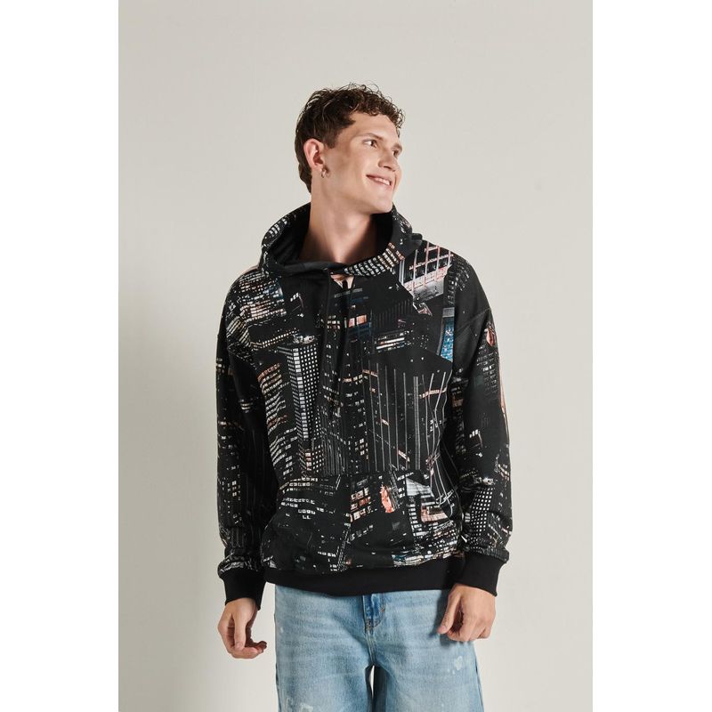 KOAJ - KOAJ Buzo oversize negro con capota, estampado de ciudad y bol HOMBRE