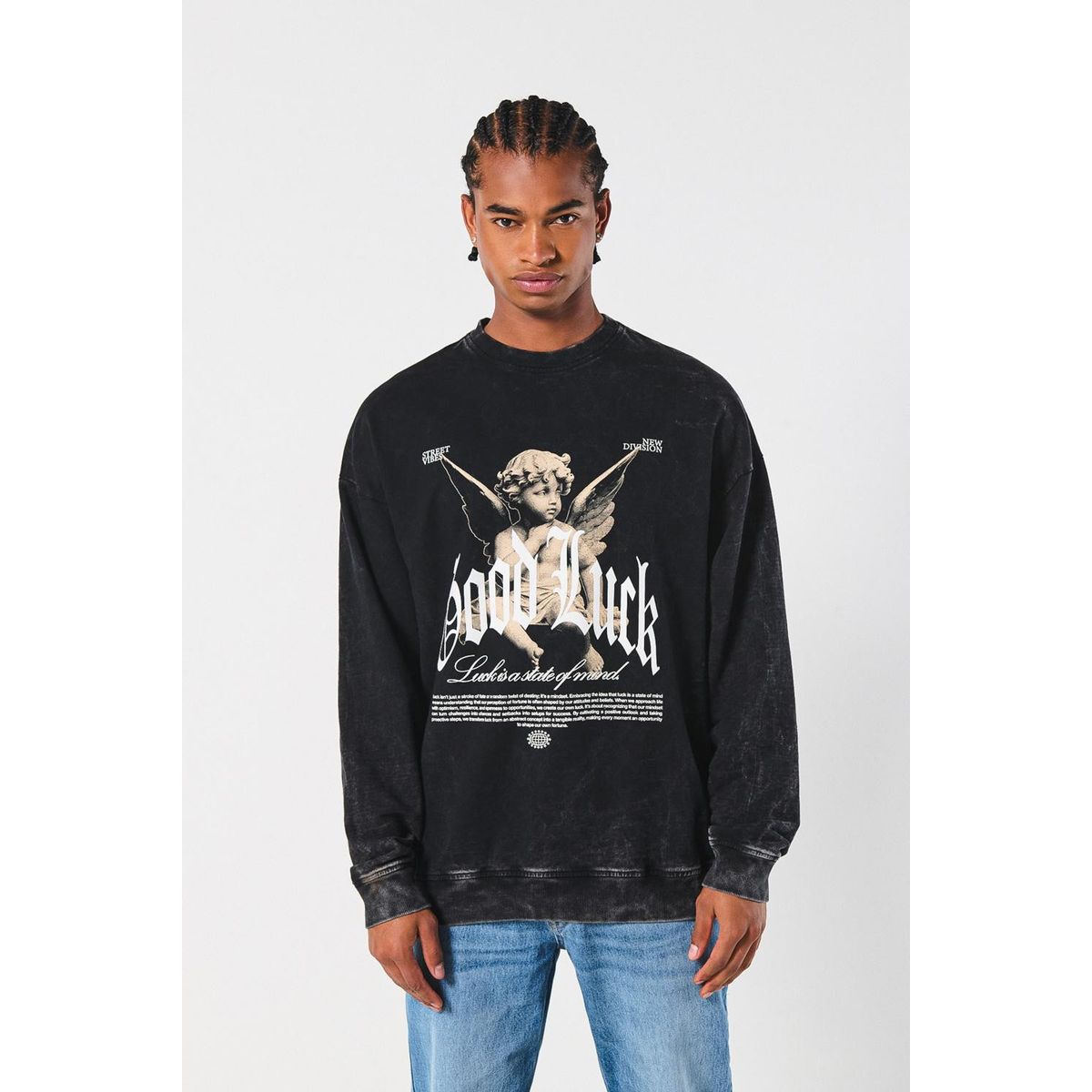 KOAJ - KOAJ Buzo oversize gris cuello redondo con diseño celestial Hombre