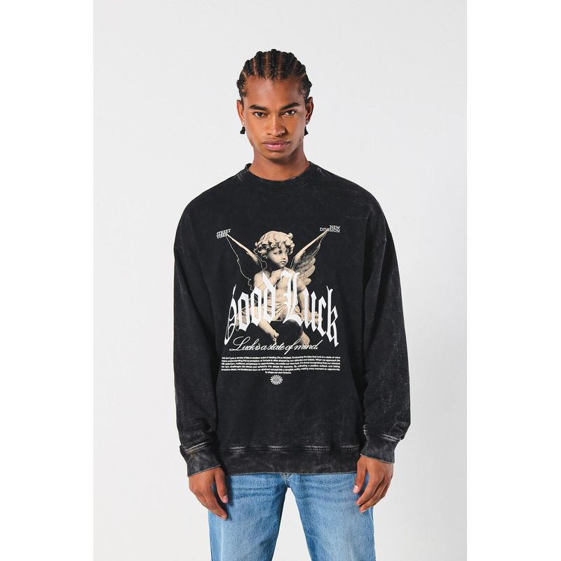 KOAJ - KOAJ Buzo oversize gris cuello redondo con diseño celestial HOMBRE