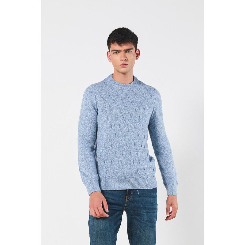 KOAJ - KOAJ Suéter tejido azul claro ajustado con cuello redondo HOMBRE