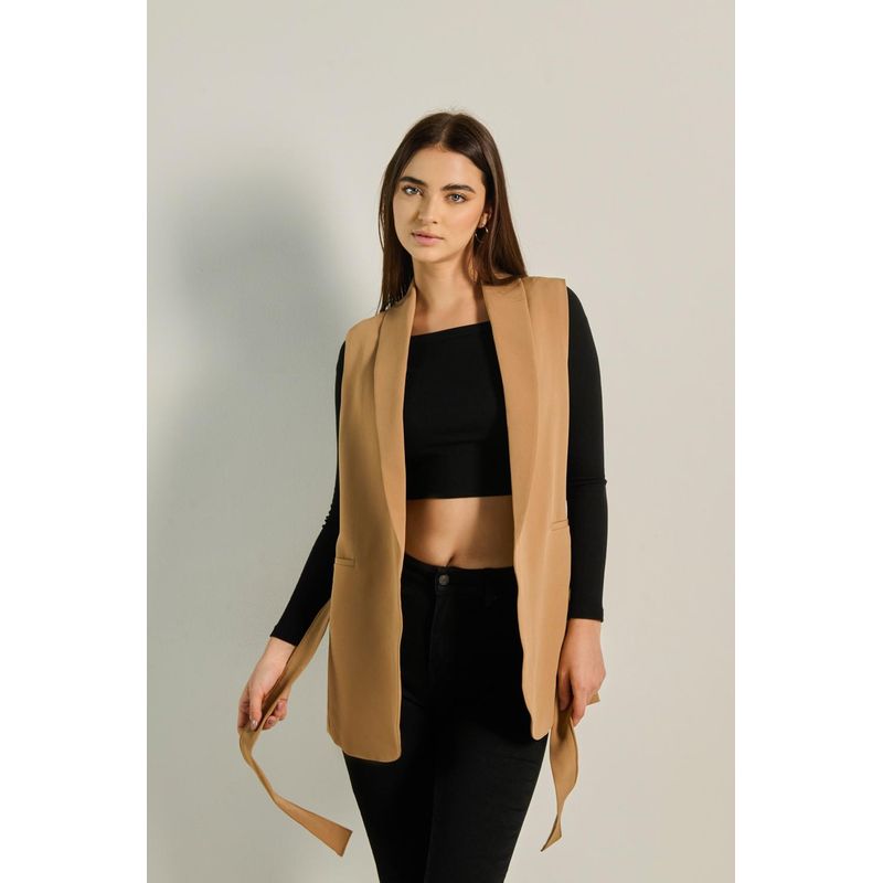 KOAJ - KOAJ Chaleco kaki con cinturón, cuello smoking y bolsillos MUJER