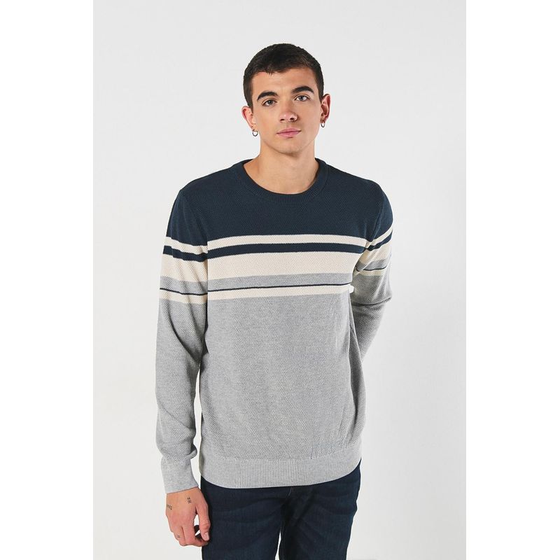 KOAJ - KOAJ Suéter tejido gris con cuello redondo y rayas horizontale HOMBRE