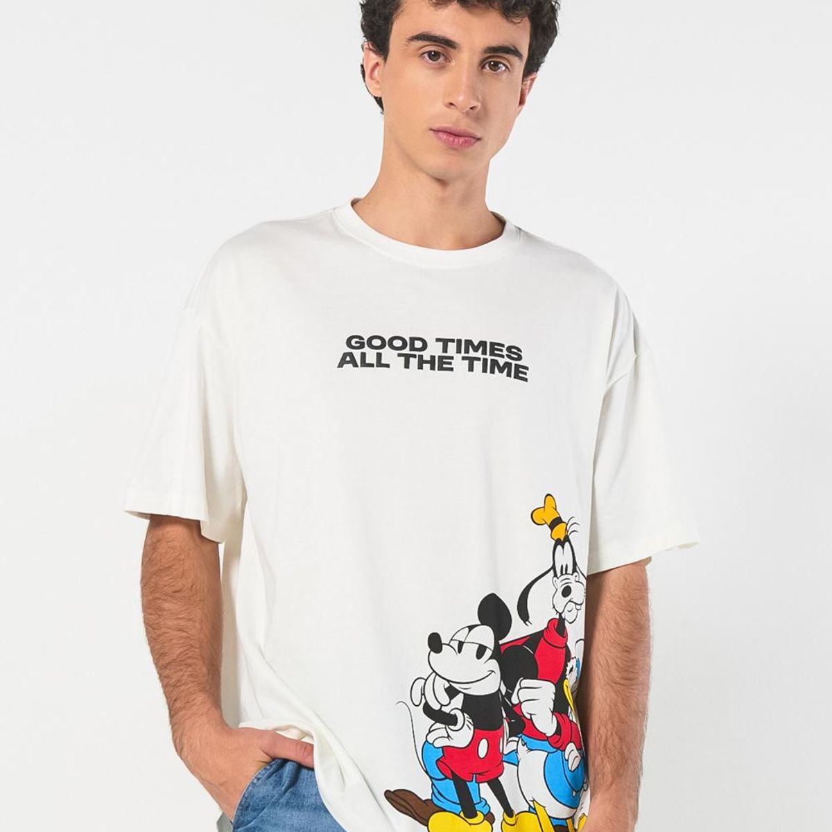 KOAJ - KOAJ Camiseta oversize crema con diseño de Mickey y manga c Hombre