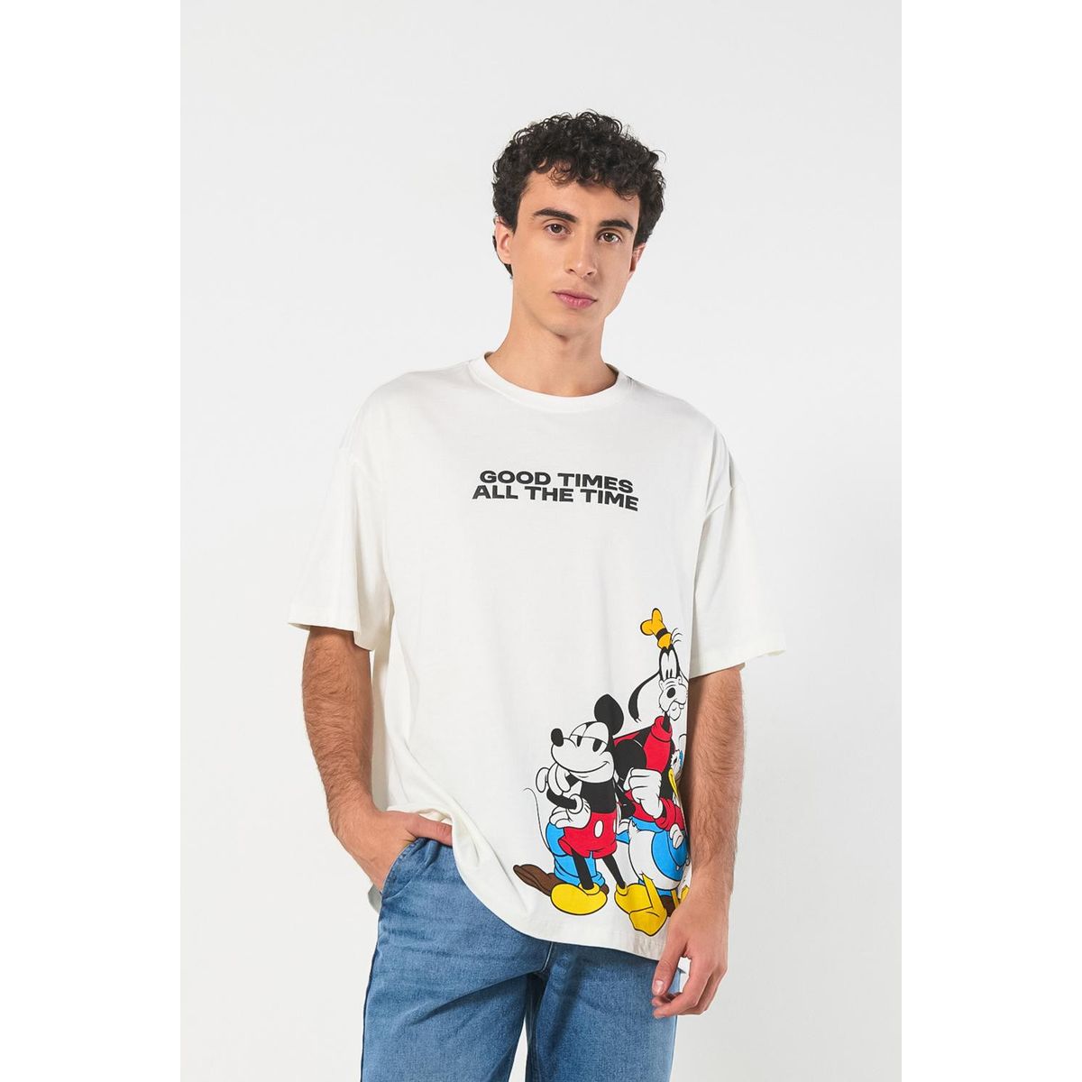 KOAJ - KOAJ Camiseta oversize crema con diseño de Mickey y manga c Hombre