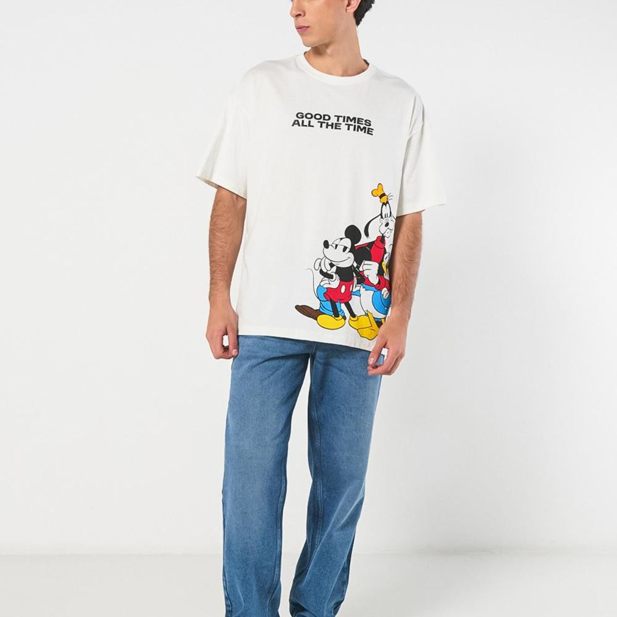 KOAJ - KOAJ Camiseta oversize crema con diseño de Mickey y manga c Hombre