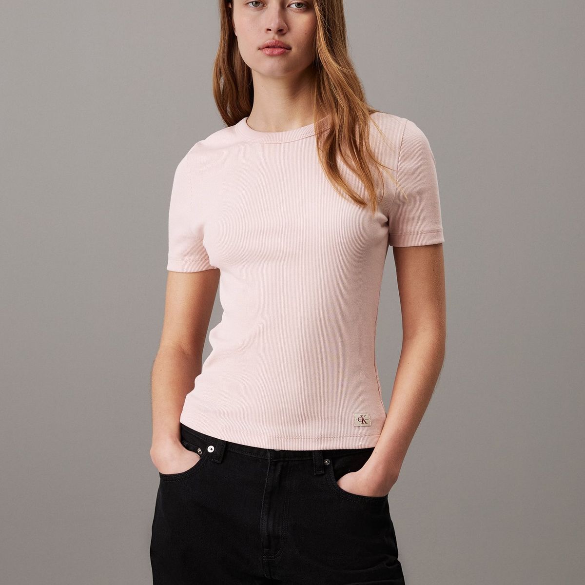 CALVIN KLEIN - Camiseta rosada slim canalé de algodón Calvin Klein