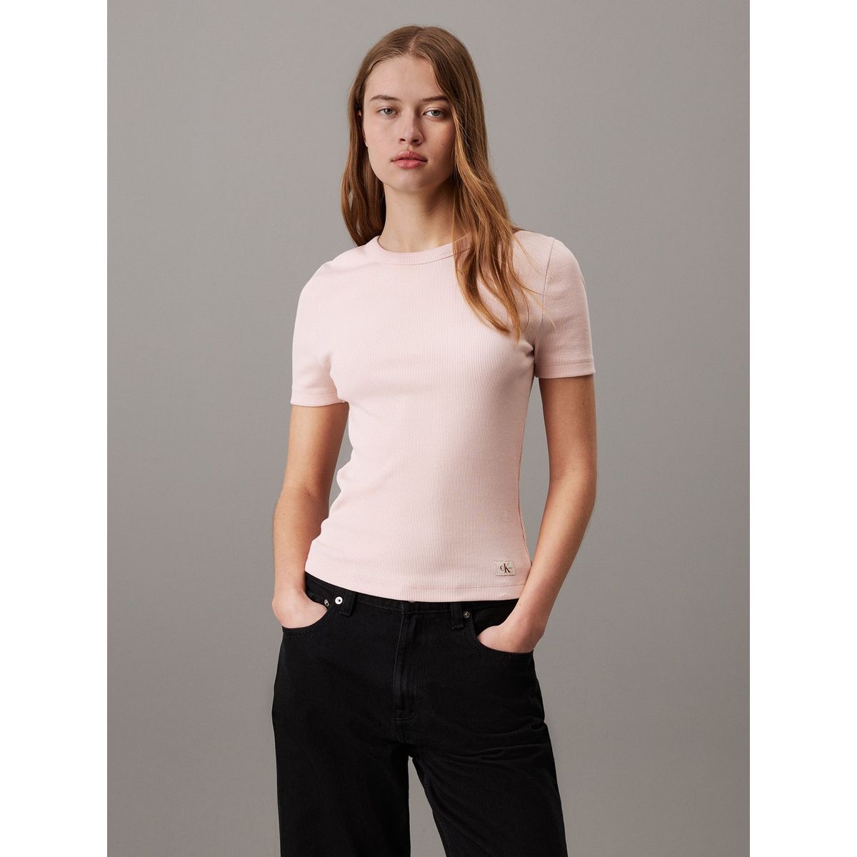 CALVIN KLEIN - Camiseta rosada slim canalé de algodón Calvin Klein