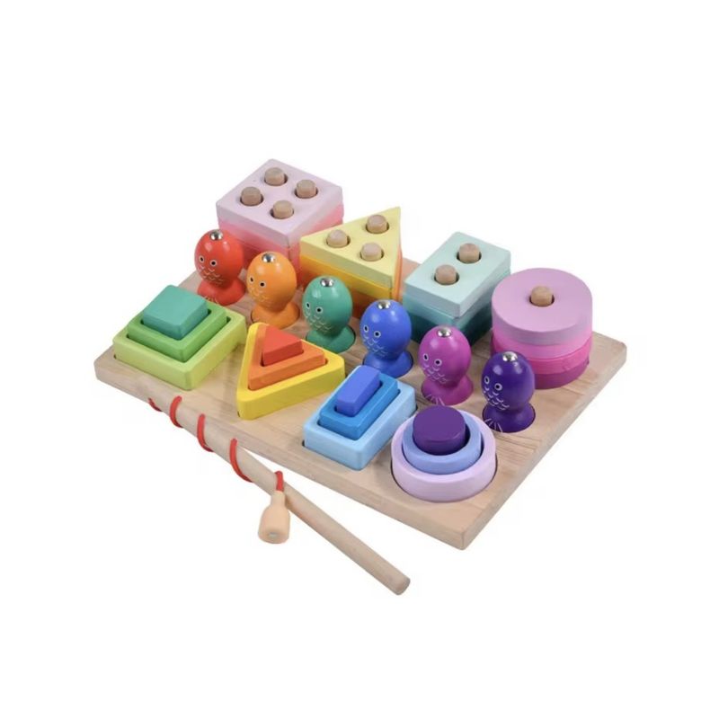 GENERICO - Juguete Educativo 3 En 1 Madera Pesca Figuras y Apilables